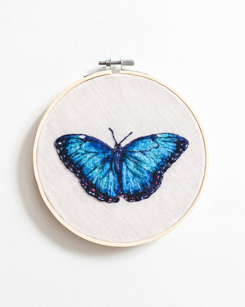 Blue Morpho no. 1 - Wool Felted Butterfly Original Art - 6 inch hoop