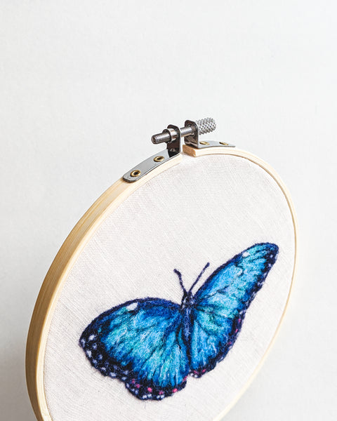 Blue Morpho no. 1 - Wool Felted Butterfly Original Art - 6 inch hoop