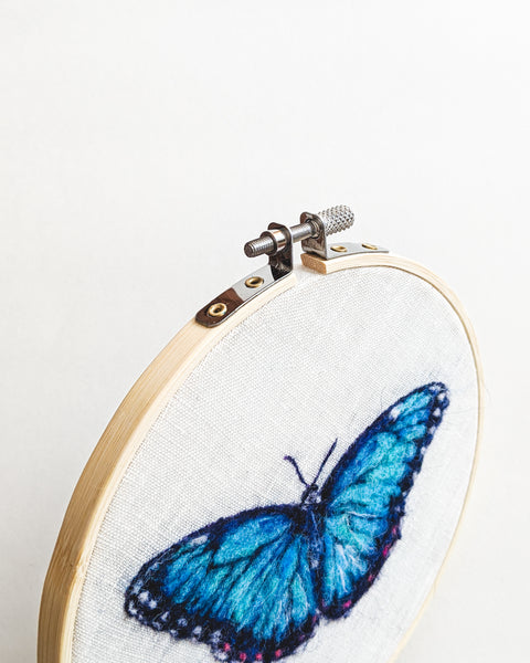 Blue Morpho no. 2 - Wool Felted Butterfly Original Art - 6 inch hoop