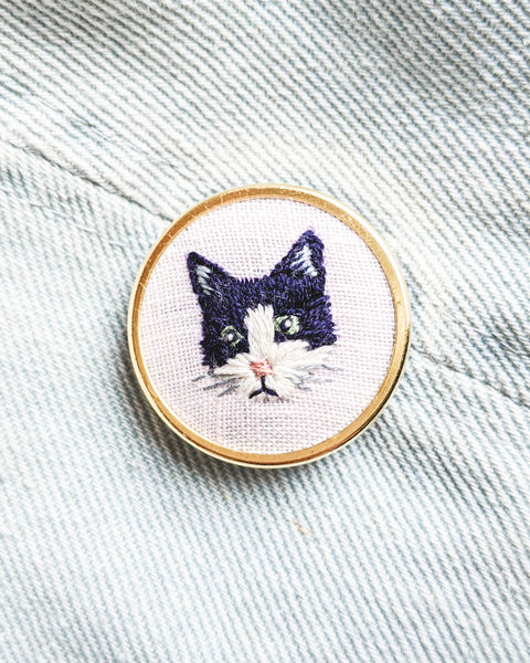 Embroidered Cat Pin - Tuxedo
